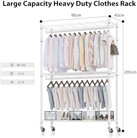 Homdox 3 Tier Heavy Duty Garment Rack with Wheels, Adjustable Wire Clothes Ra...