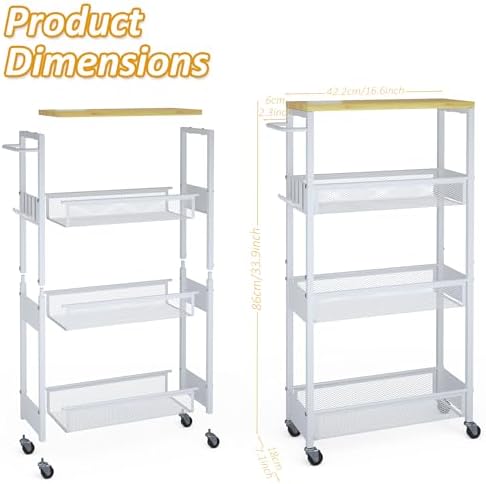 7.1" Wide Slim Storage Cart on Wheels, 4 Tier Metal Narrow Rolling Cart ...