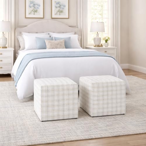 HomePop 19" Square Ottoman - Natural Plaid Woven Fabric