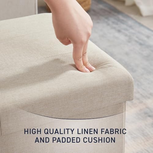 Ornavo Home 30 Inch Folding Storage Ottoman Bench, Tufted Linen, Beige