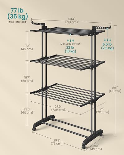 SONGMICS 4-Tier Clothes Drying Rack, Foldable, Rolling, 66.6-Inch Tall