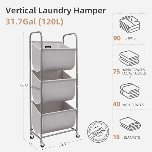 STORAGE MANIAC 120 Liters Vertical Rolling Laundry Hamper, 3 Section Laundry ...