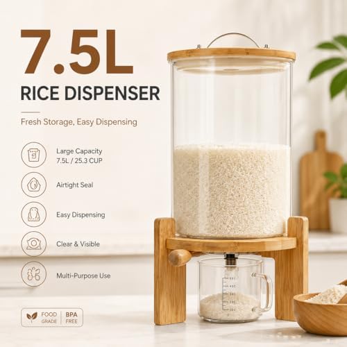 7.5L Rice Dispenser, Flour and Cereal Container, Glass Food Storge Container ...