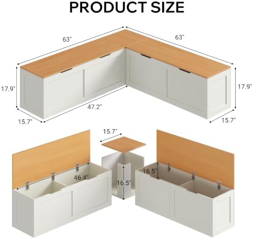 L Shaped Bench with Storage, 63" Breakfast Nook Benches, Wood Kitchen Co...