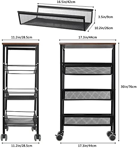MOOACE Kitchen Cart on Wheels, 3-Tire Metal Mesh Rolling Utility Cart with Wo...