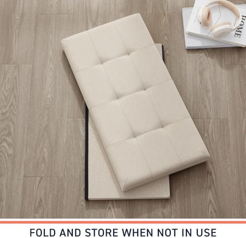 Ornavo Home 30 Inch Folding Storage Ottoman Bench, Tufted Linen, Beige