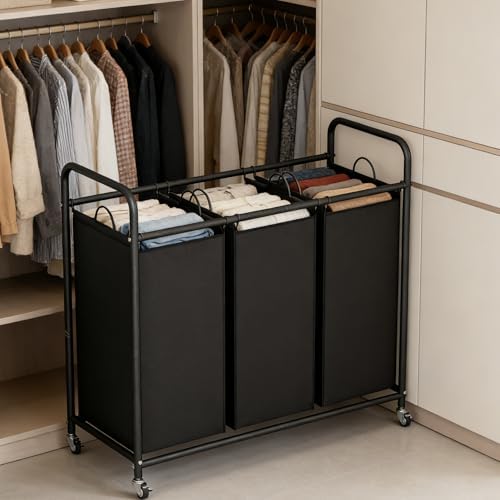 LINZINAR 3 Section Laundry Hamper Sorter, Black Laundry Basket with Wheels