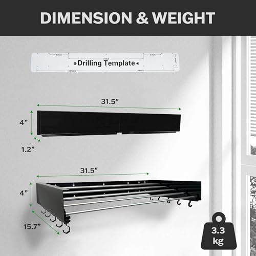 Foldable Wall Mounted Drying Rack - 31.5” Wide, 13.2 Ft Drying Space, 5 Alumi...