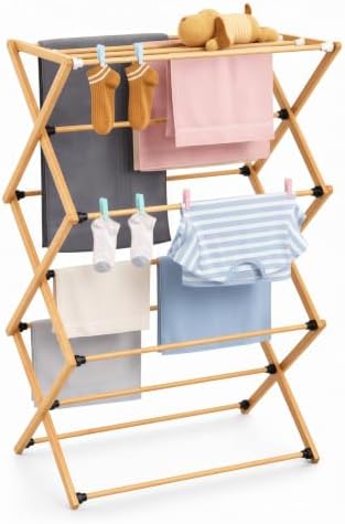 FJO Foldable Bamboo Clothes Drying Rack, 3-Tier Collapsible Laundry Clothes H...