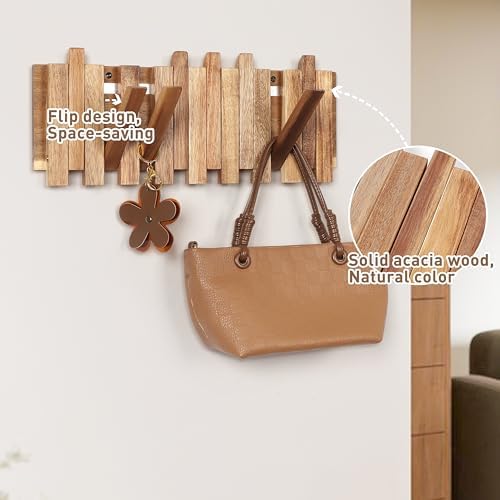 Wall Coat Rack for Entryway: Folding Wood Rustic 8 Hooks