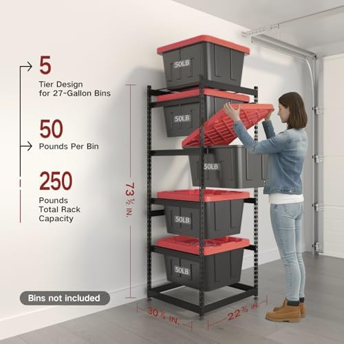 FERO 27 Gallon Storage Bin Rack Organizer, Heavy-Duty Tote Storage Rack, 5-Ti...