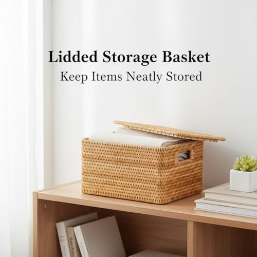 Rattan Storage Basket with Lid – 18×12×7 inch for Home