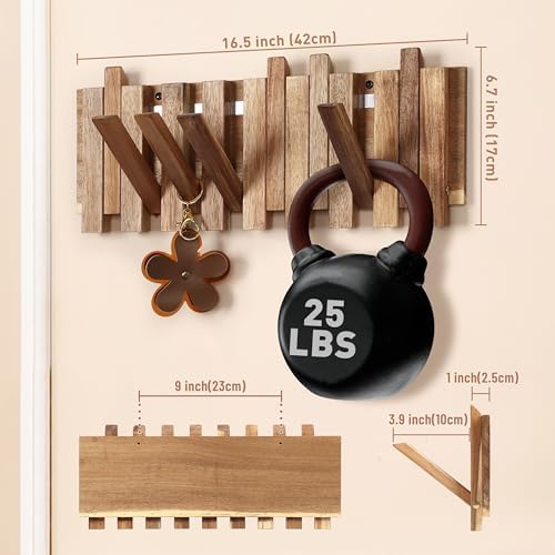 Wall Coat Rack for Entryway: Folding Wood Rustic 8 Hooks