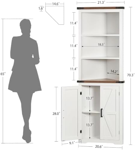 TEENFON Farmhouse Corner Cabinet, 70" H Tall Corner Hutch with 5 Shelves...