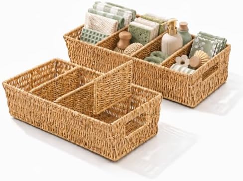 2PCS Rattan Pantry Organizer Baskets with Removable Dividers