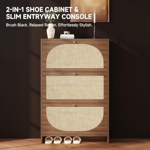 Nicetree Rattan Arched Accent Shoe Storage Cabinet - Freestanding Ultra Slim ...