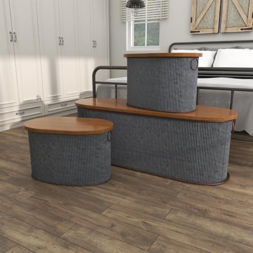 Deco 79 Metal Room Storage Bench Entryway Benches with Brown Wood Top, Set of...