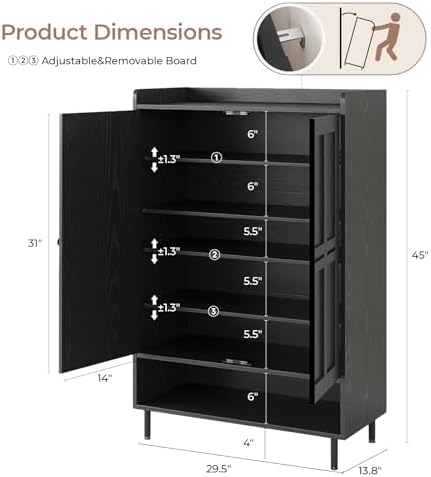 Shoe Storage Cabinet with 2 Doors, 6-Tier Shoe Cabinet with 3 Adjustable Shel...