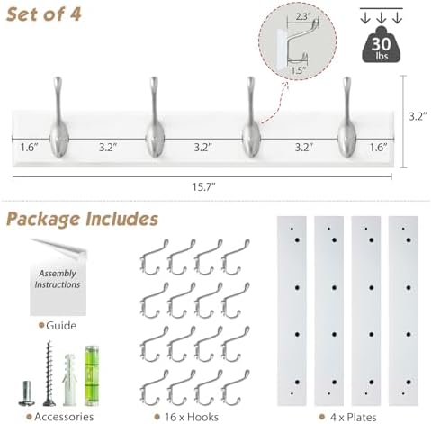 Forbena White Coat Rack Wall Mount 4-Pack, Coat Hanger Wall Mounted for Hangi...