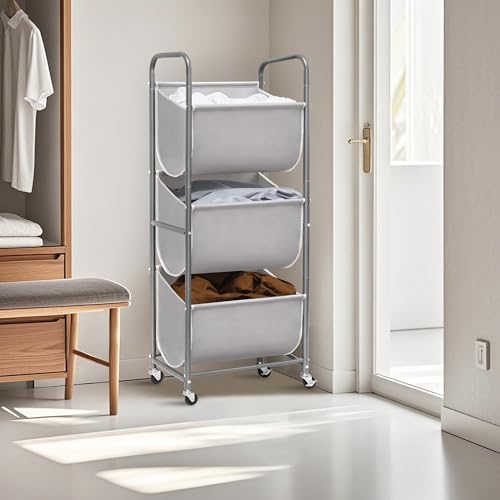 STORAGE MANIAC 120 Liters Vertical Rolling Laundry Hamper, 3 Section Laundry ...