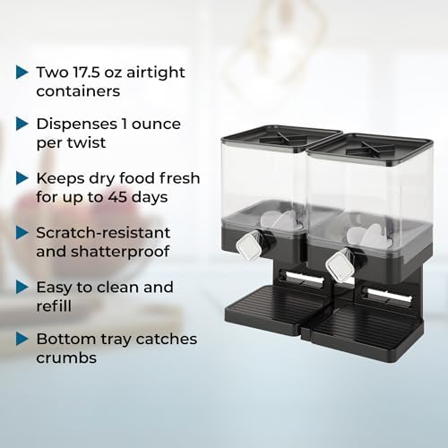 ZevrO Dry Food & Cereal Dispenser, 4.4 Cups, Black, Compact Dual