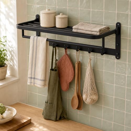 ROSHAN 24 Inch Foldable Towel Rack with Shelf, Wall Mounted, Matte Black