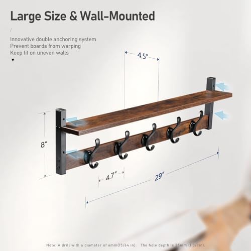 Tatub 29" Rustic Coat Rack Wall Mount with Shelf, Entryway Wall Hooks wi...