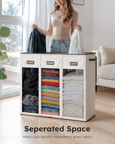 SOLEDI 200L 3-Section Laundry Hamper with Lid, Extra Large Dirty Clothes Bask...