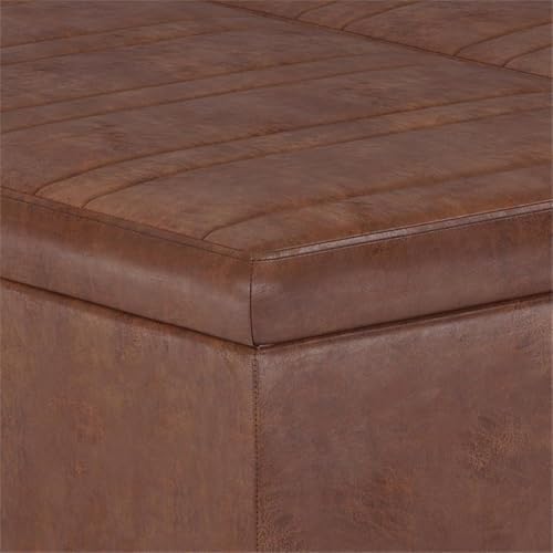 SIMPLIHOME Ellis 36" Wide Vegan Leather Storage Ottoman in Saddle Brown