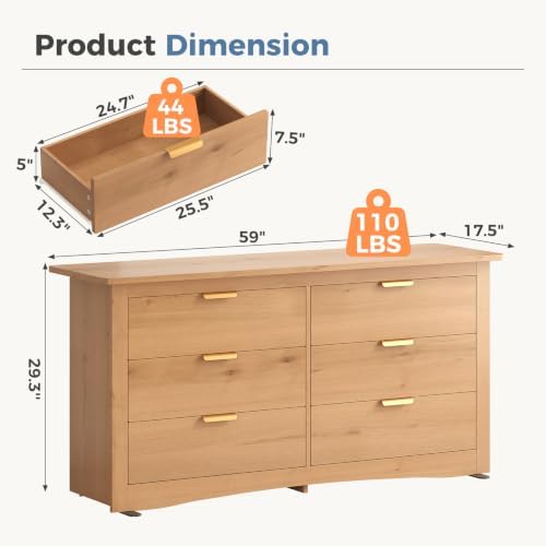 DUMOS 6-Drawer Storage Cabinet, 59" Wide Modern Chest of Drawers, Wood