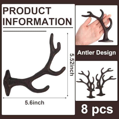 Chumia 8 Pcs Rustic Cast Iron Wall Hooks Deer Antler Coat Hooks, Brown