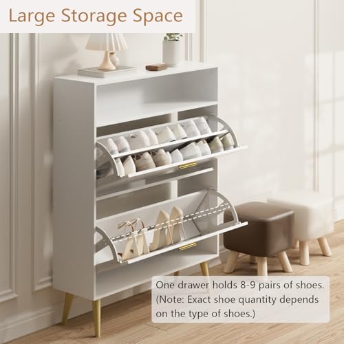 LYNSOM Modern Entryway Shoe Cabinet with 2 Flip Drawers and Open Storage, Whi...