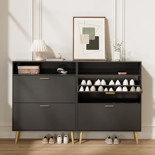 LYNSOM Entryway Shoe Cabinet Set of 2 with 2 Flip Drawers and Open Storage, B...