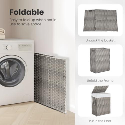 DUMOS Woven Laundry Basket with Lid, 90L Large Capacity Hamper, Removable &am...