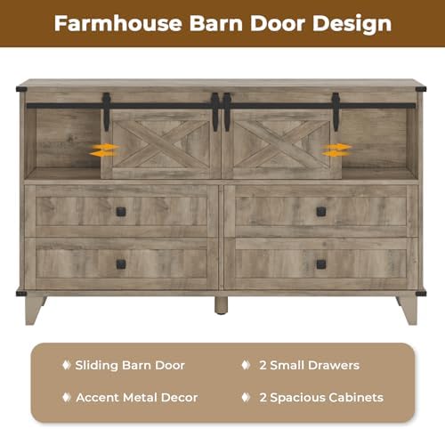 Hasuit Farmhouse 6 Drawer Dresser for Bedroom, Retro Chest of Drawers with Sl...