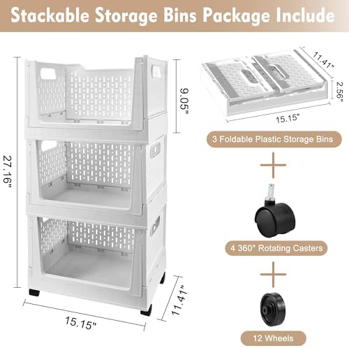 Stackable Plastic Storage Basket, 3 Pack Foldable Closet Organizers and Stora...