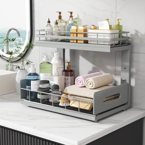 Under Sink Organizer Upgrade To Professional Rails,2-Tier Dual Pull Out Cabin...