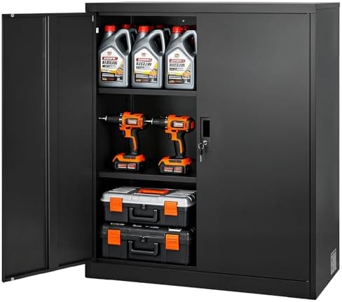 VEVOR Metal Storage Cabinet, 41.7 in Steel Garage Cabinet with 2 Adjustable Shelves, 2 Magnetic Doors & 2 Keys, 3 Tiers Lockable Tool Storage for Pantry, Warehouse, Basement, Office, Black
