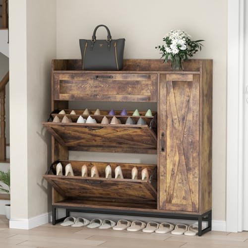 Free Standing Shoe Cabinet with 2 Flip Drawers and Adjustable Side Cabinet