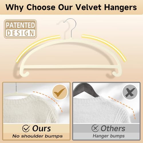 MIZGI 50 Pack Ivory Velvet Hangers - No Shoulder Bumps, Heavy Duty Non-Slip C...