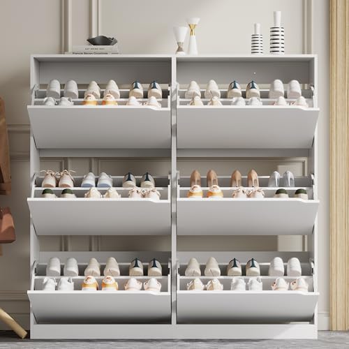 Xixini Shoe Storage Cabinet for Entryway with 6 Flip Drawers, Sturdy Wood Hid...