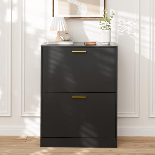 LYNSOM Entryway Shoe Cabinet Set of 2 with 2 Flip Drawers and Top Display, Bl...