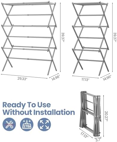 APEXCHASER Oversize 3-Tier Clothes Drying Rack, No Install, Grey