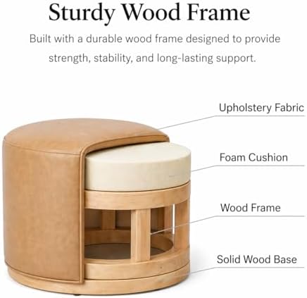 Spatial Order 22" Round Ottoman with Wooden Base - Sand Faux Leather