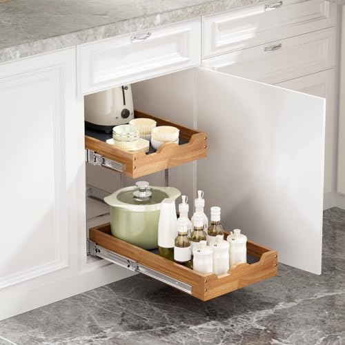 OCG Pull Out Drawers For Cabinets 14"W x 21"D, 2 Tier Heavy-Duty Sl...
