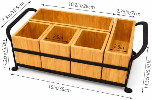 Bamboo Utensil Caddy with Handle - 5 Compartment Silverware Holder for Party ...