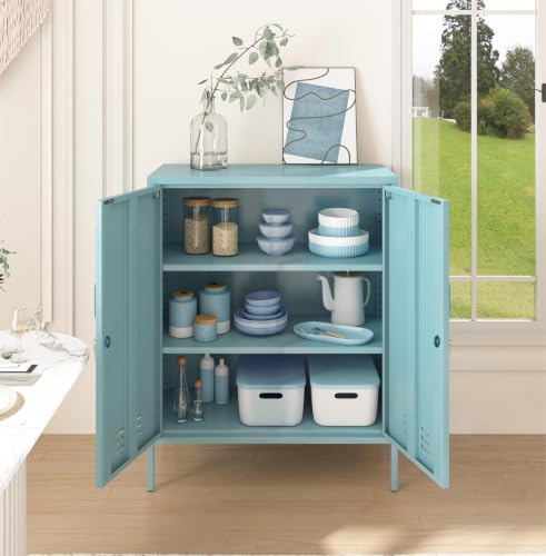 Blue 2-Door Lockable Metal Storage Cabinet, Heavy Duty 3-Tier Tall Locker wit...