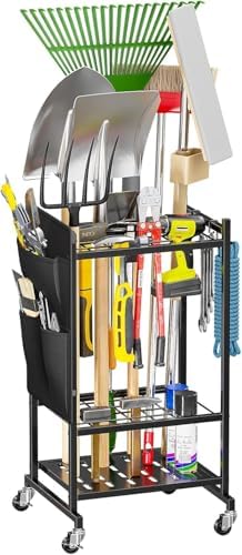 Garden Tool Organizer with Wheels, Rolling Yard Tool Tower Rack Carts for Gar...