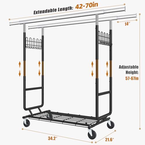 Gewudraw Clothes Rack Heavy Duty Load 900 Lbs with Wheels, Double Rod,Black