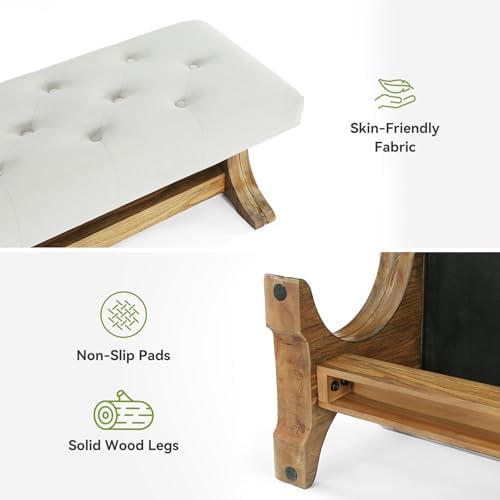 LITTLE TREE 55" Upholstered End of Bed Bench, Solid Wood Tufted Entryway...